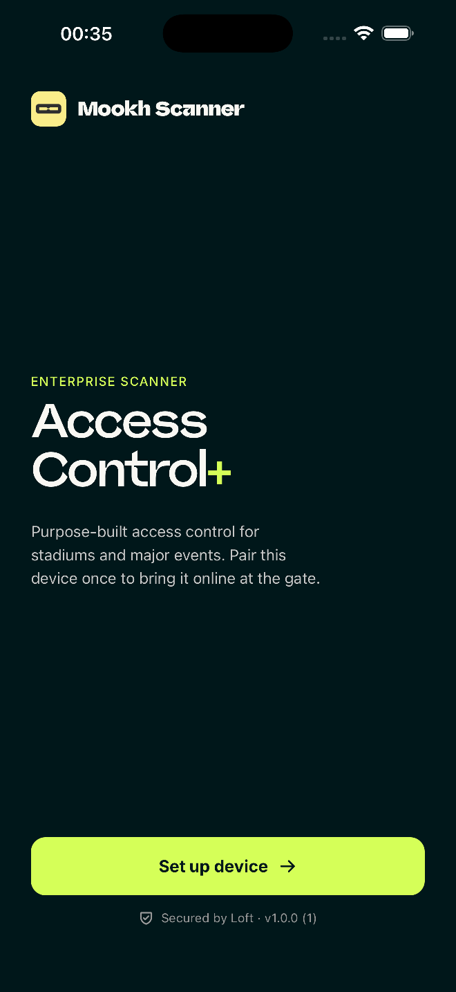 The setup screen, showing the app name and a Set up device button.