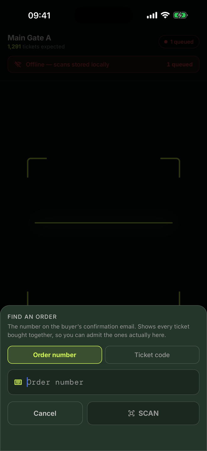 The manual entry sheet with two segments, Ticket code and Order number, and a text field.