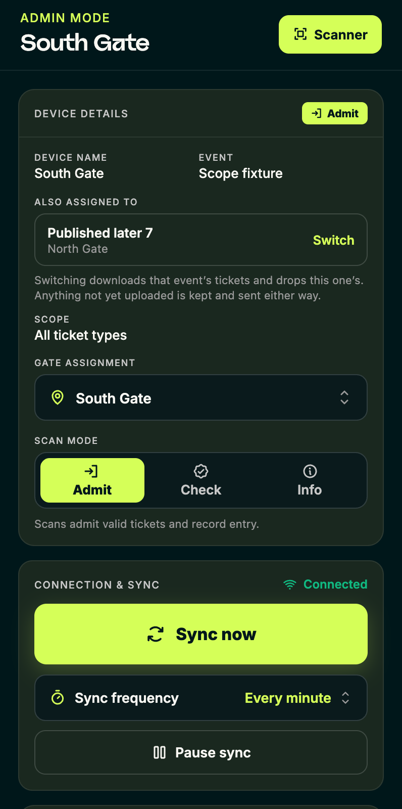 Admin mode showing device details, an ALSO ASSIGNED TO row with a Switch link, scope, gate assignment, scan mode buttons, and a Sync now button.