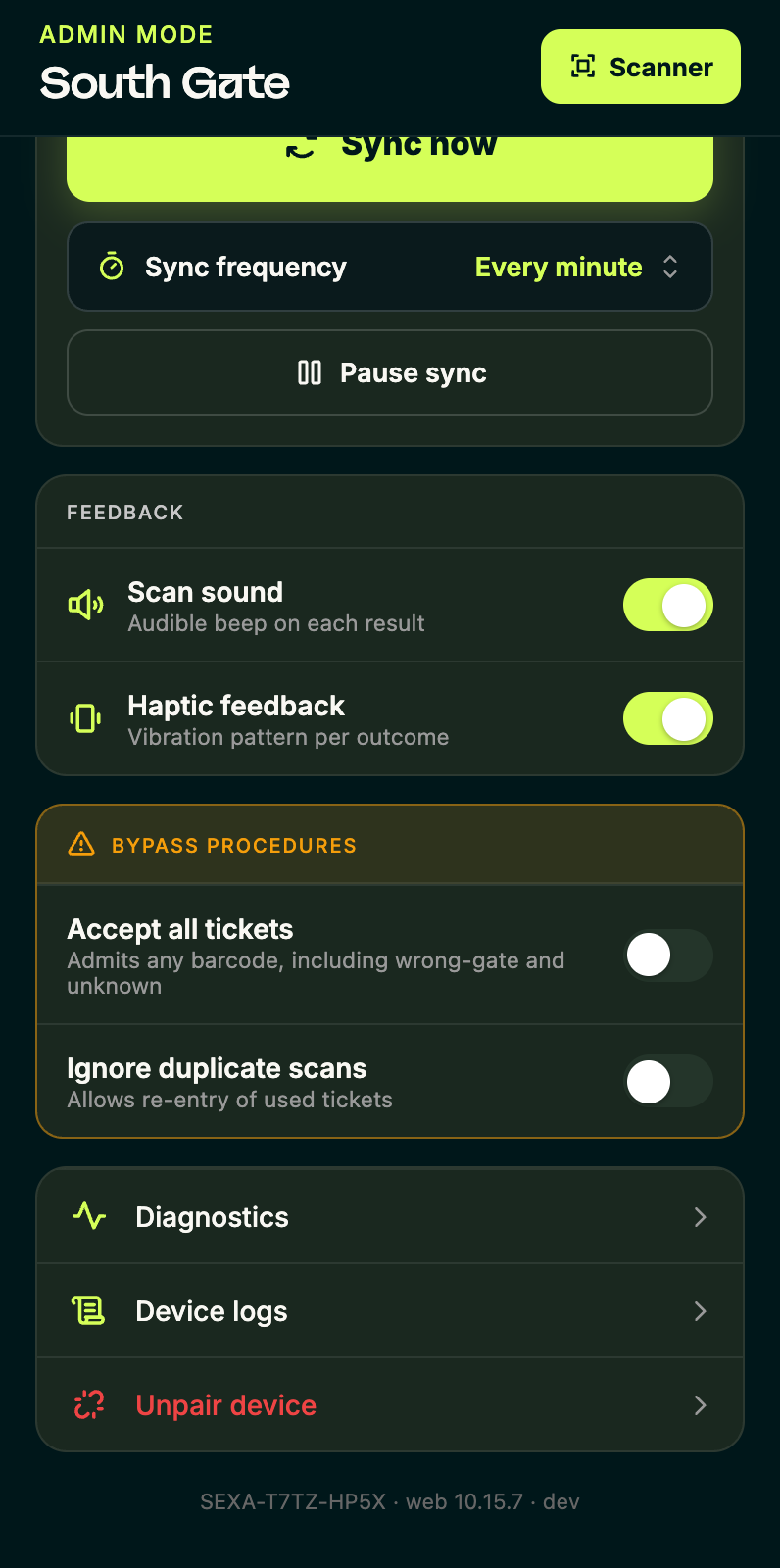 The lower half of admin mode: scan sound and haptic toggles, a bypass procedures panel outlined in orange, and rows for Diagnostics, Device logs and Unpair device.